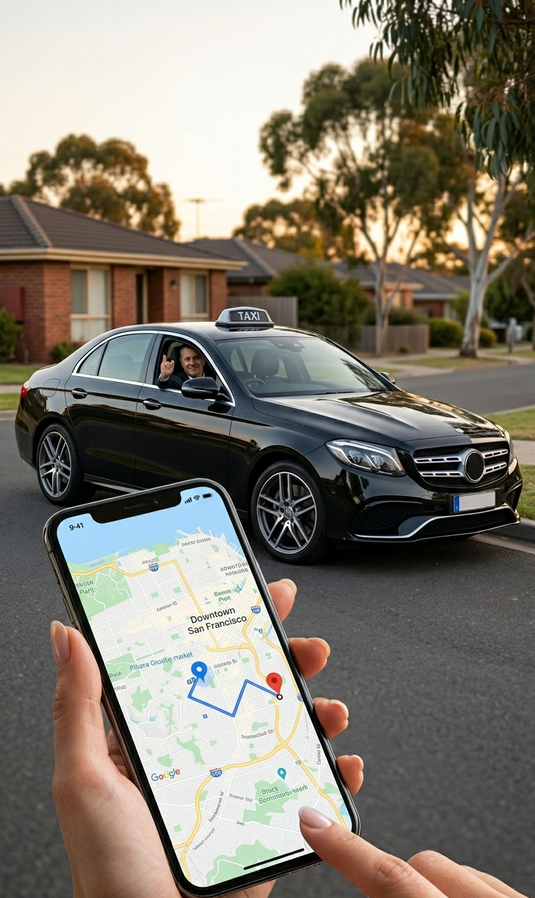A black taxi and a mobile showing location